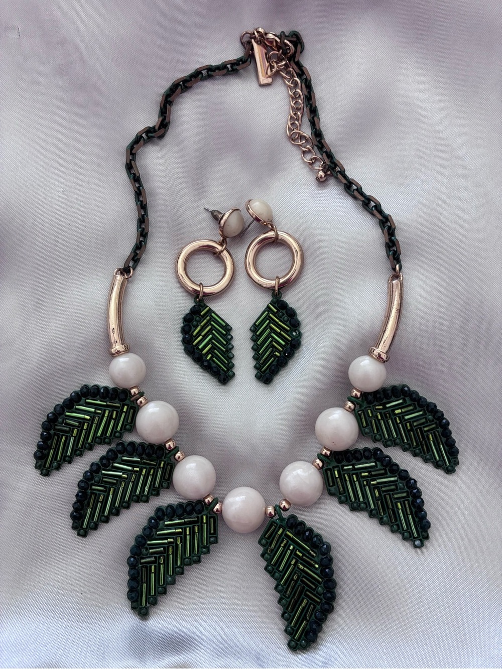 Green Beaded Leaf Necklace and Earring Set - Women Jewelry